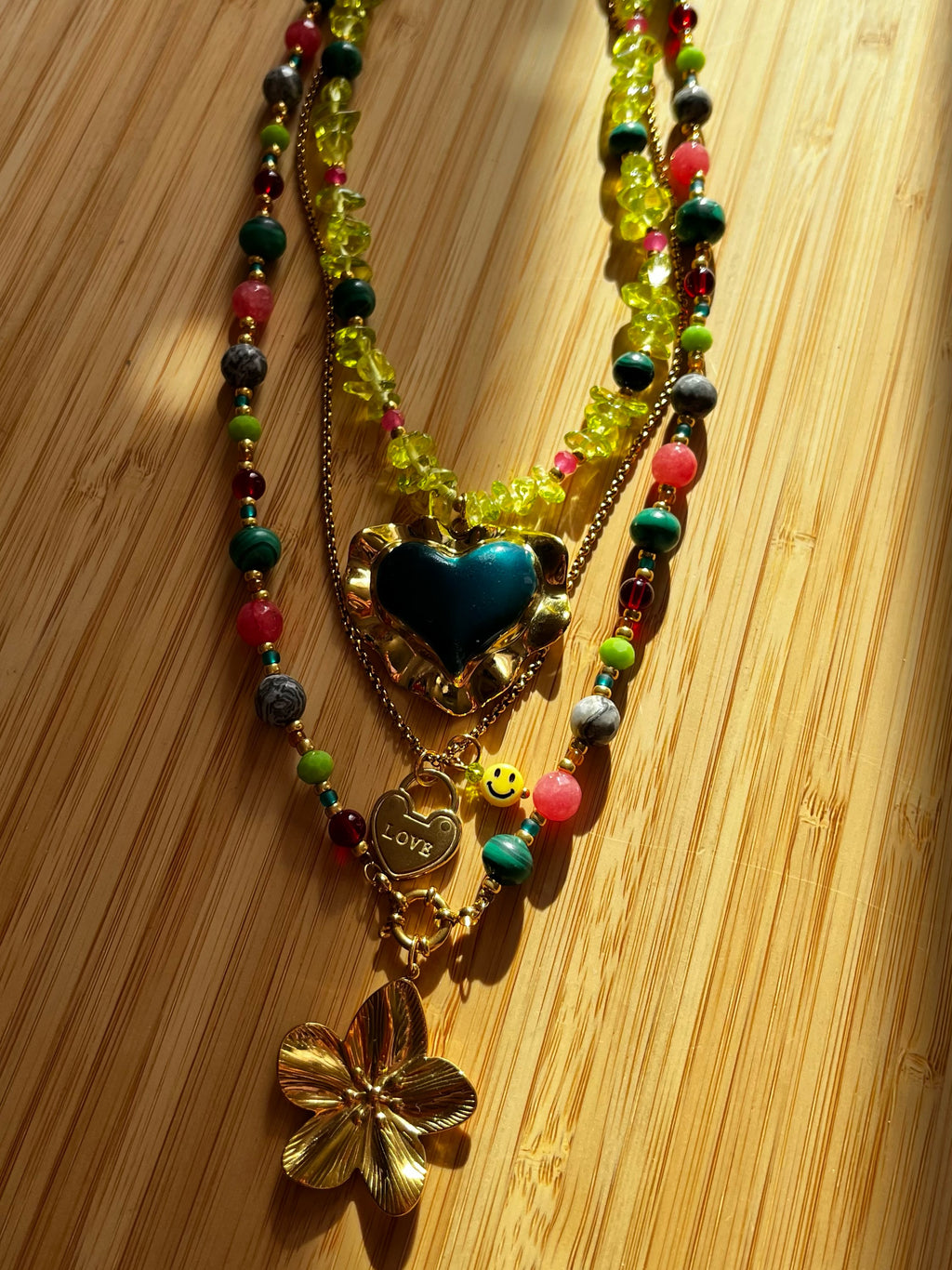 Kralenketting Set Groen, Roze & Petrol met Bloem en Hart Bedel