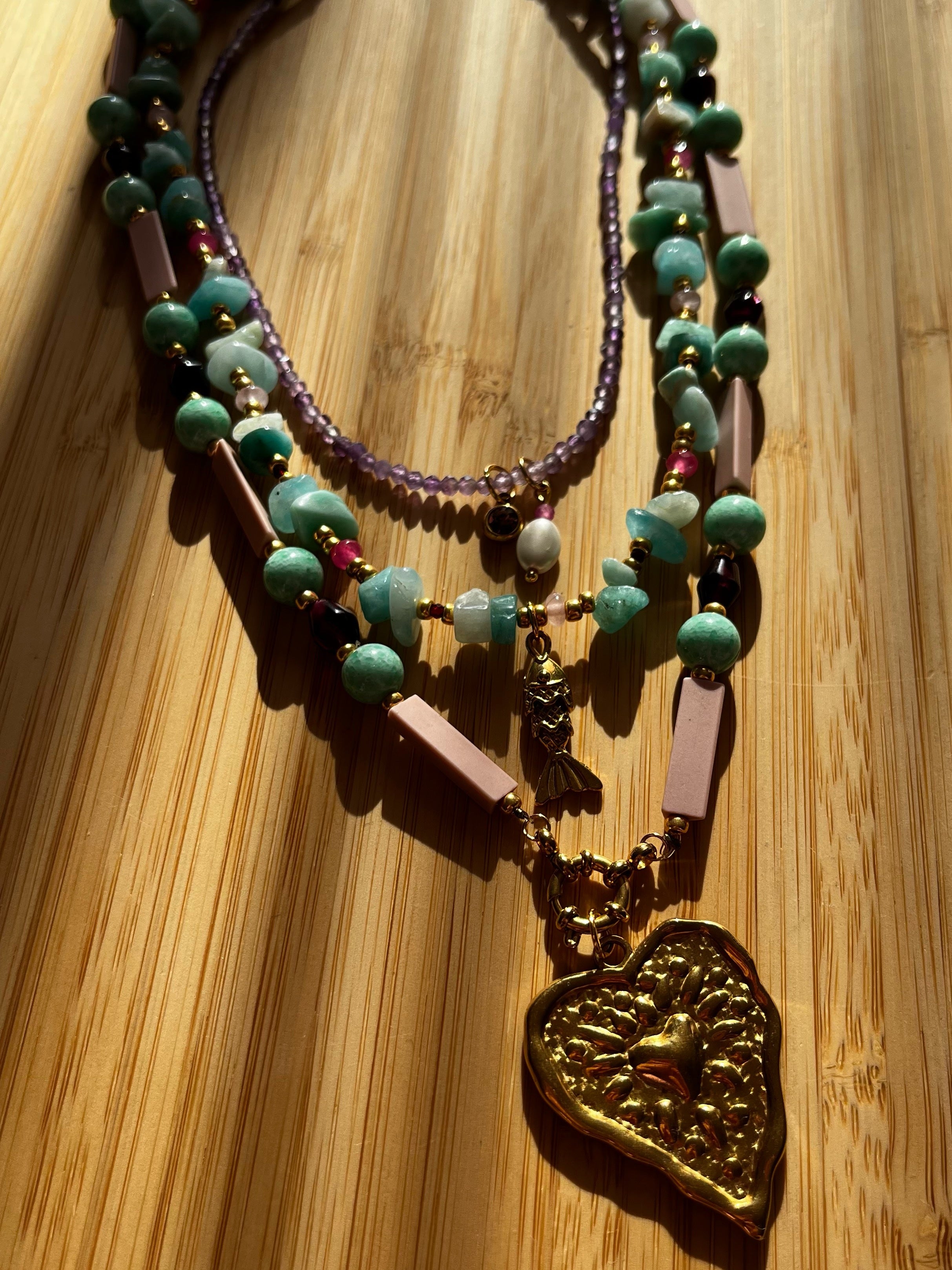 Kralenketting Set Lila, Turquoise & Roze met Hart en Visjes Bedel