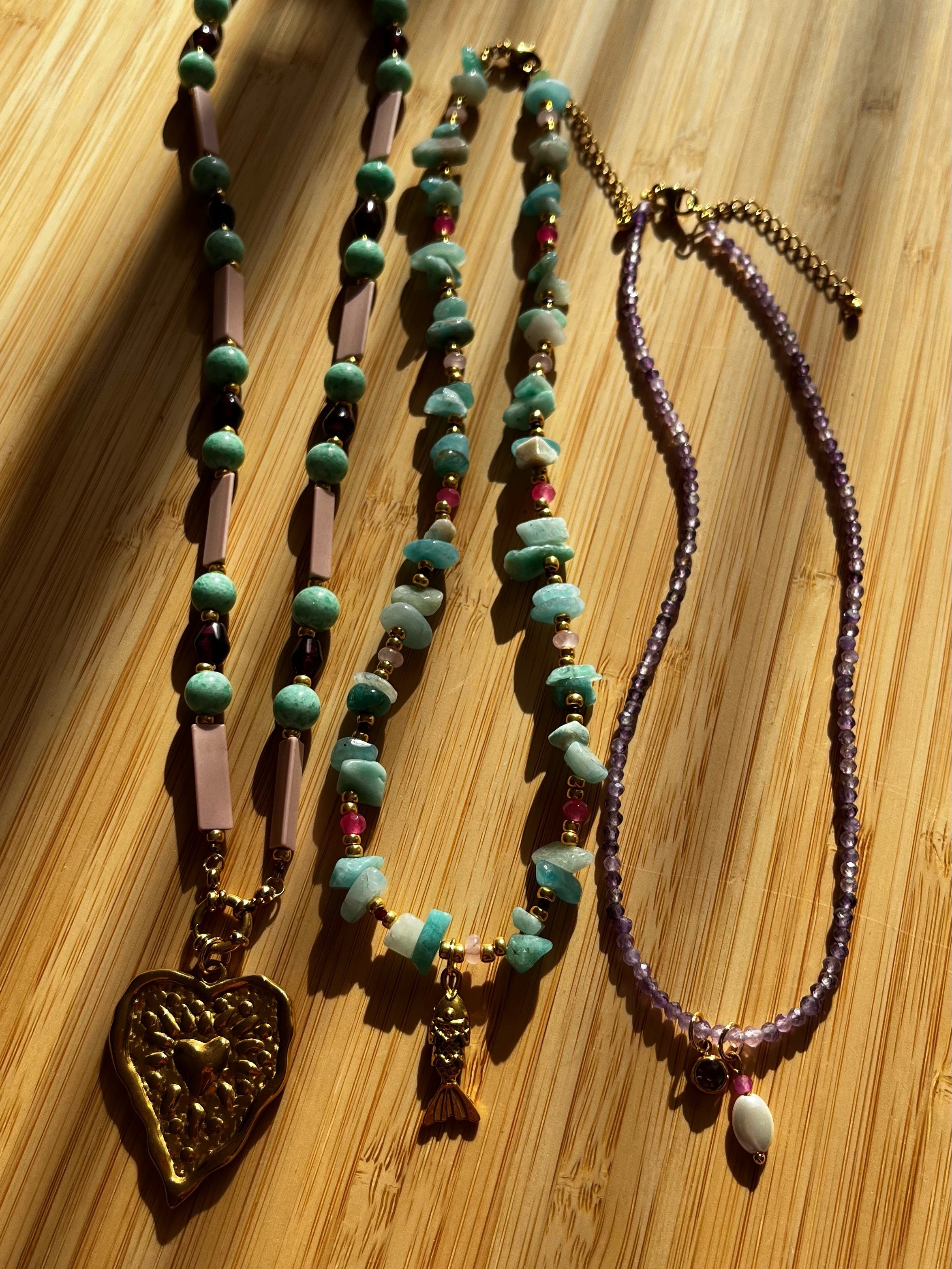 Kralenketting Set Lila, Turquoise & Roze met Hart en Visjes Bedel