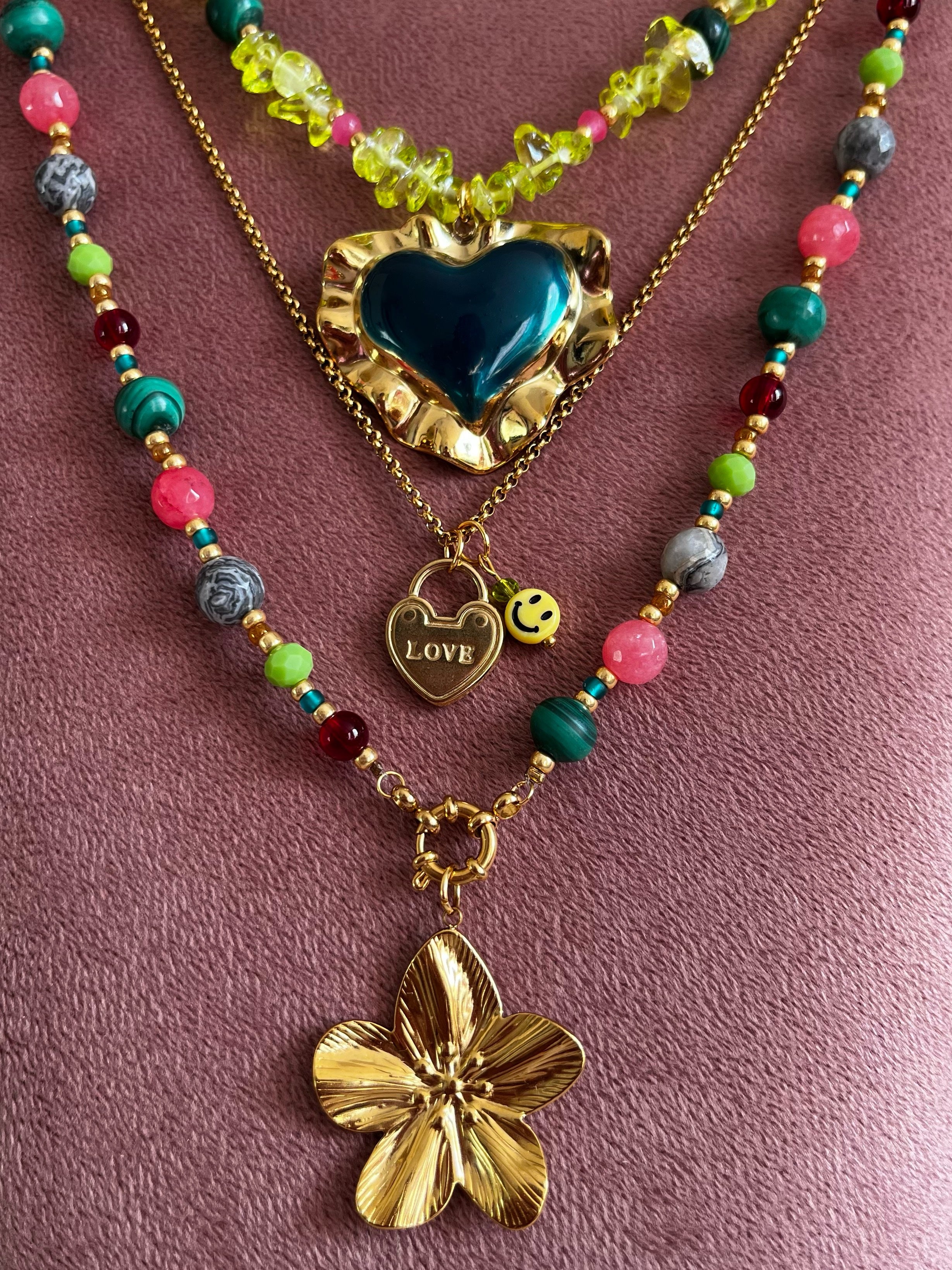 Kralenketting Set Groen, Roze & Petrol met Bloem en Hart Bedel