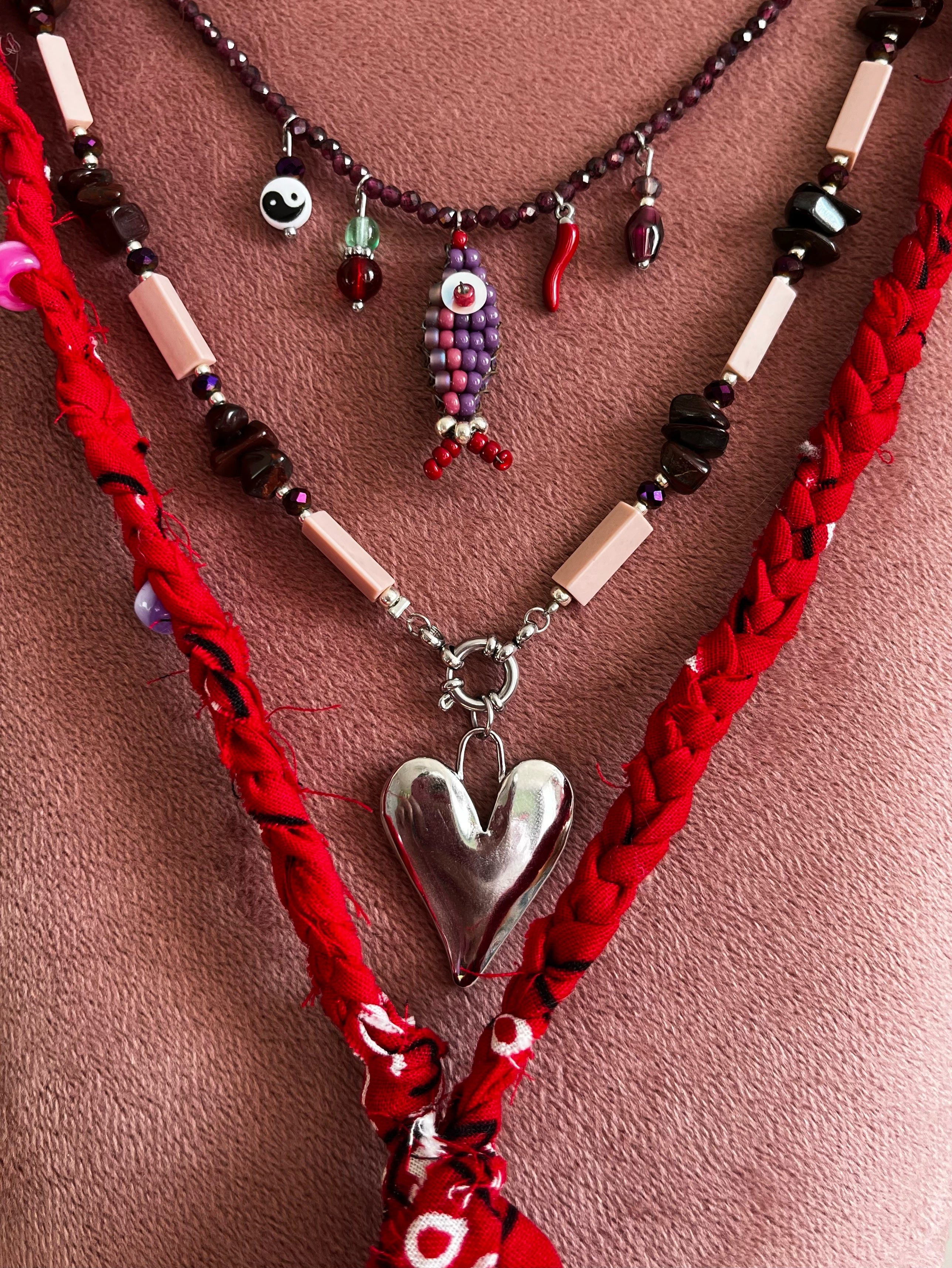 Kralenketting Set Paars, Oudroze & Rood met Visjes en Hart Bedel