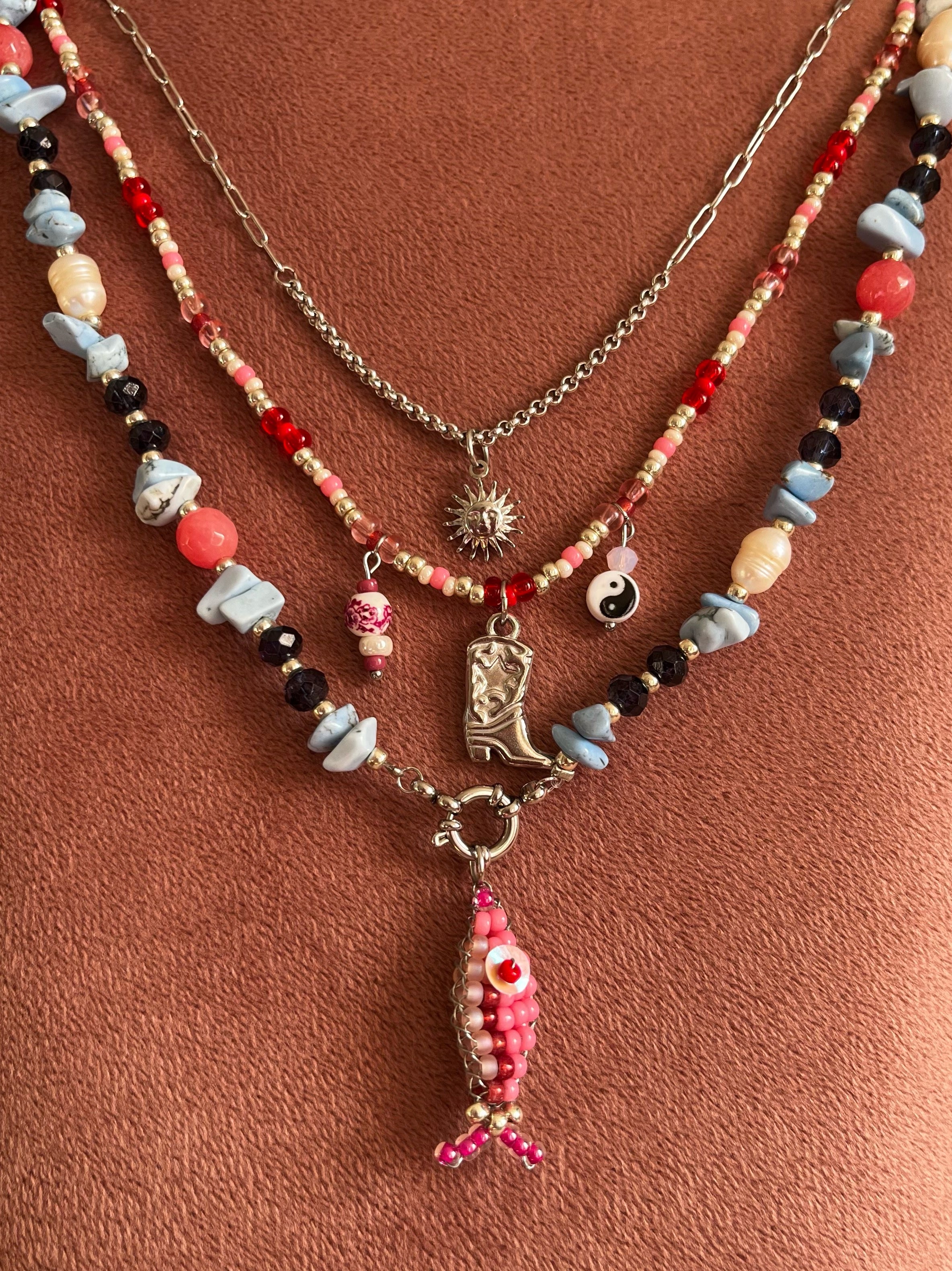 Kralenketting Set Lichtblauw & Roze met Visjes en Laars Bedel