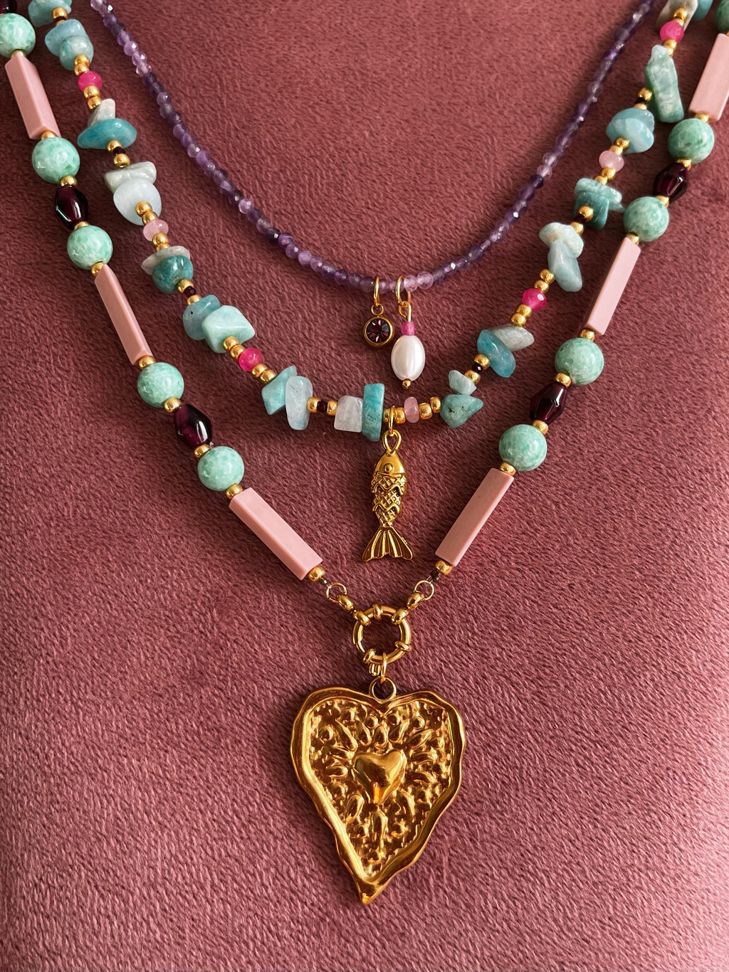 Kralenketting Set Lila, Turquoise & Roze met Hart en Visjes Bedel