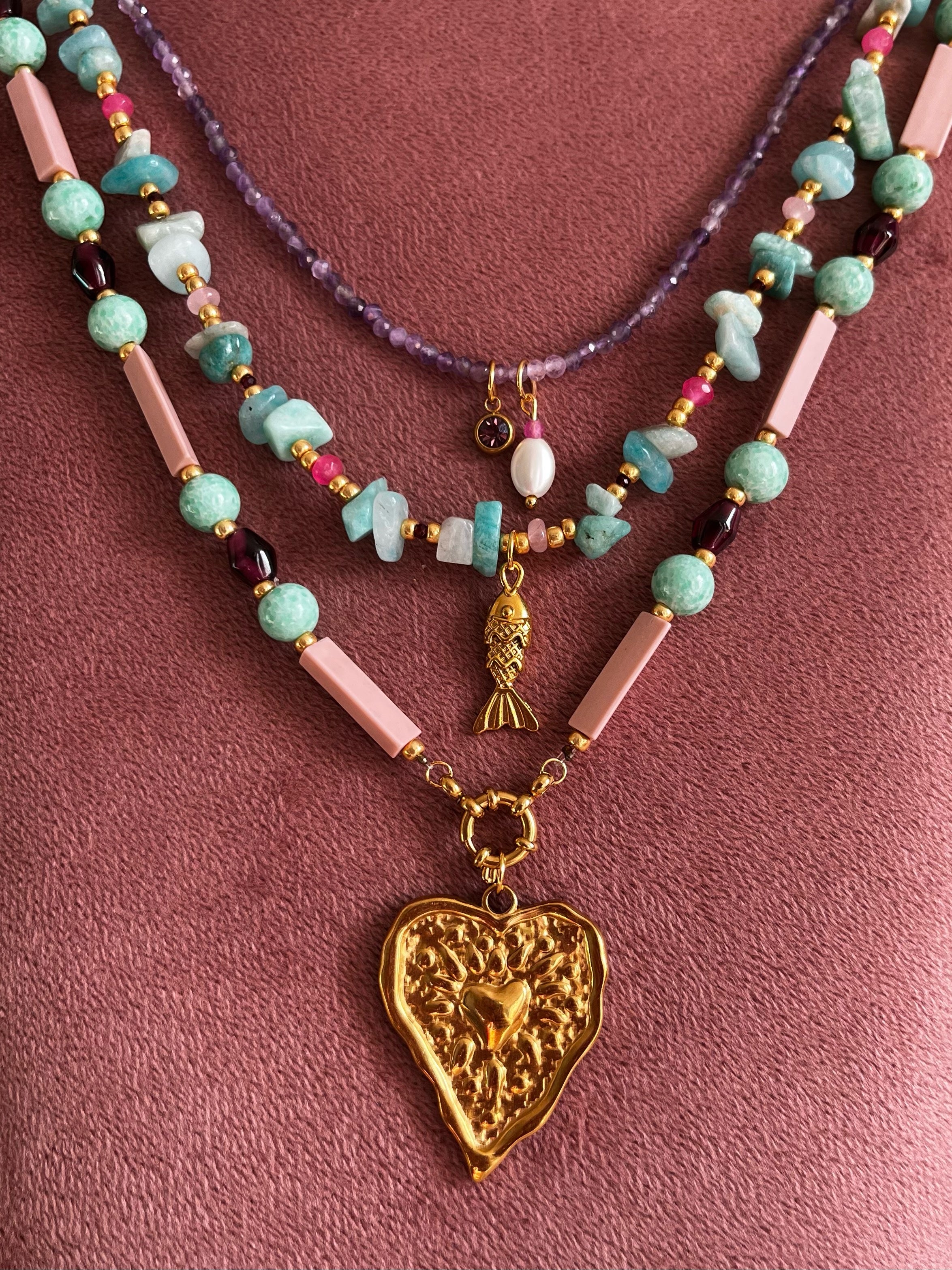 Kralenketting Set Lila, Turquoise & Roze met Hart en Visjes Bedel